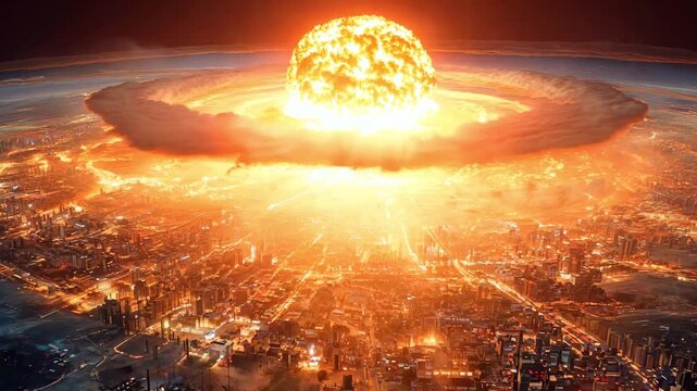 A large nuclear explosion occurs above a city skyline, showcasing the powerful impact and destruction caused in a disaster environment