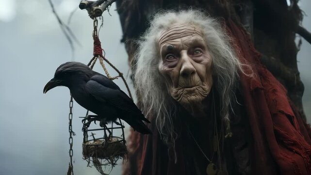 Baba Yaga folklore: mythic witch, magical guide, dark forest, chicken leg hut, nature force, ancient power, Slavic tales, magical assistance, villainous figure, mysterious enchantress