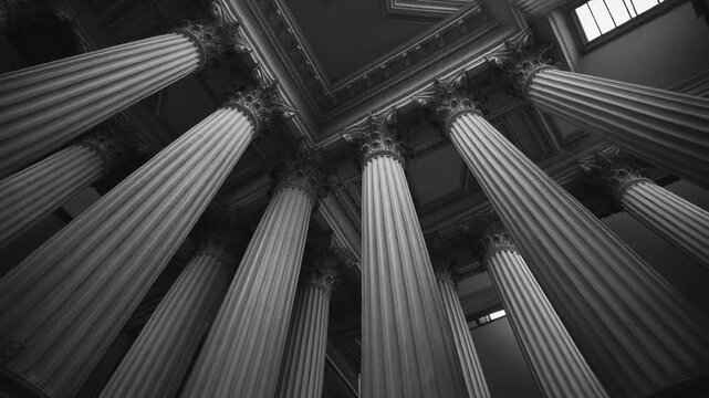 Dramatic Low angle View of Majestic Classical Columns in a Grand Hall