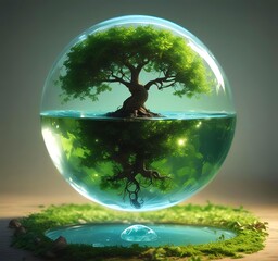 Earth globe made of transparent water with green leaves