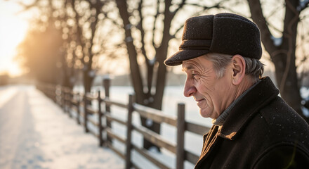 An old man enjoys a winter day on a snowy path
