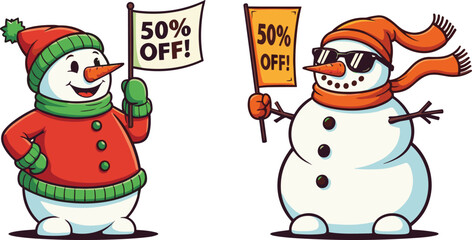 Cartoon snowmen holding 50% off signs, winter sale illustration, festive discount banner, holiday promotion, cheerful snow characters, seasonal marketing