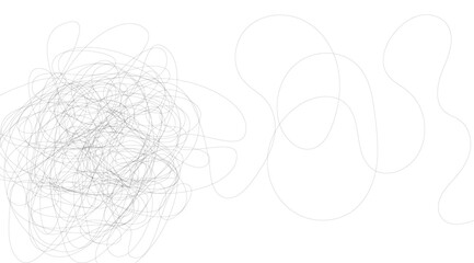Tangled and untangled threads, a graphical representation showcasing complexity transitioning into simplicity with flowing lines and subtle grey hues on a stark white canvas