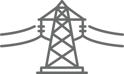 Minimalist black and white line art of a high voltage electricity transmission tower with power lines on a neutral background