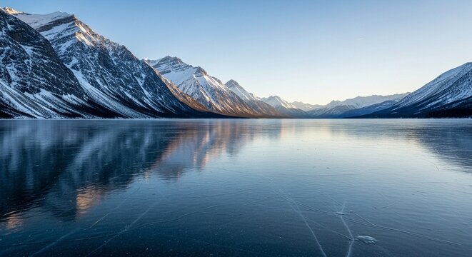 Winter serenity with frozen lake reflection and mountain background, crisp air and soft light revealing nature’s calm frozen perfection and mirrored beauty