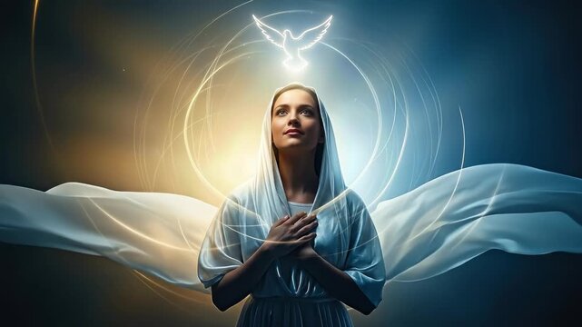 Pure Virgin Mary praying, embracing divine light with grace, sacred spirit dove descends. Ethereal glow, flowing garments. Christian Immaculate Conception, December eighth.