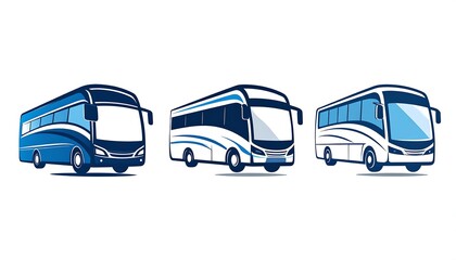 Three stylized, vector illustrations of modern passenger buses in a row. They all have rounded designs and are primarily white and blue