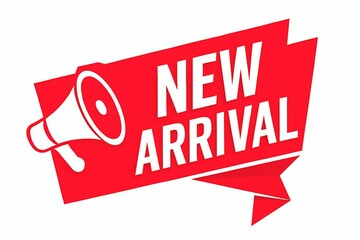 Bold red banner with a megaphone graphic announcing a new arrival perfect for retail and marketing promotions