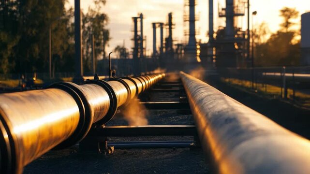 Industrial Infrastructure: An industrial landscape features parallel pipelines extending into the distance, with towering structures in the background, hinting at industry