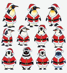 Set of Santa Penguins Cartoon Vector Characters Christmas Holiday Illustration