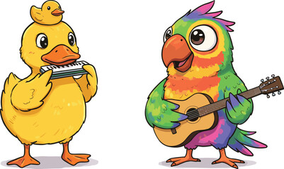 Cartoon duck playing melodica, parrot with guitar, musical animals, colorful feathers, cheerful expression, whimsical illustration, fun music scene © MDALRAFIN