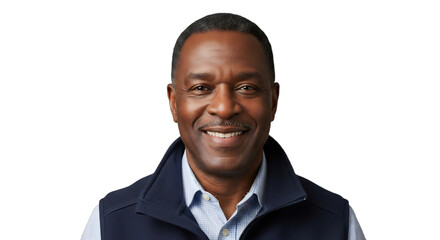 A smiling 55-60-year-old Black facilities manager in a professional collared shirt and utility vest, isolated on transparent background. Ideal for business, corporate diversity, construction,