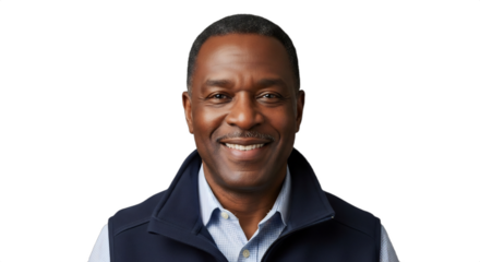 A smiling 55-60-year-old Black facilities manager in a professional collared shirt and utility vest, isolated on transparent background. Ideal for business, corporate diversity, construction,