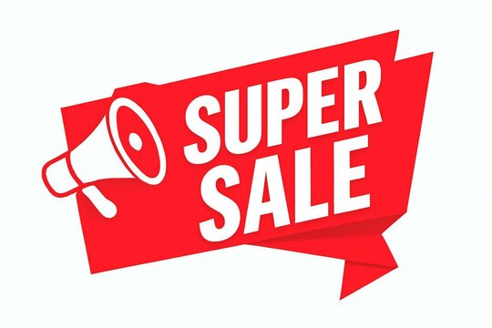 Bright red super sale speech bubble with megaphone announcing a big discount and special offer
