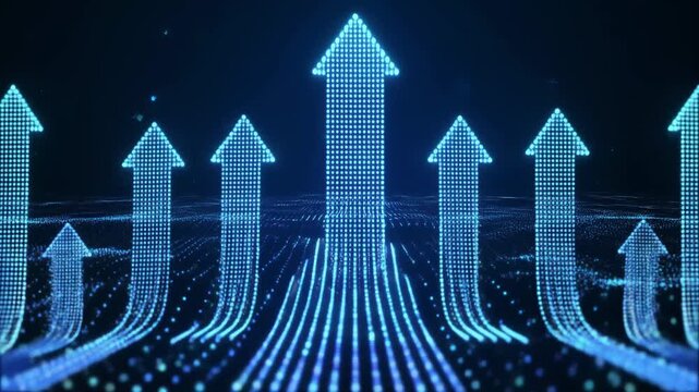 Abstract digital arrows pointing up on a dark background