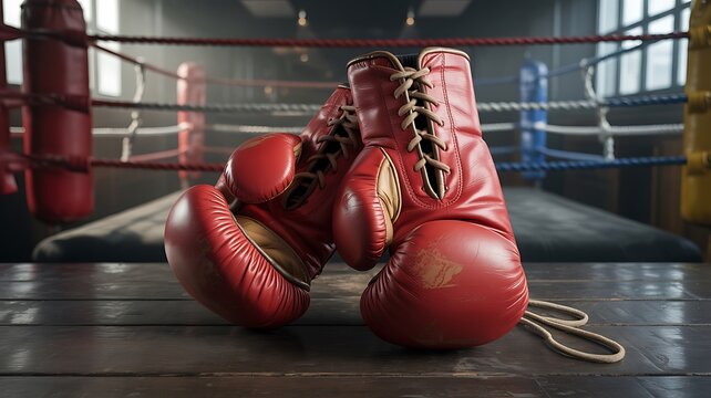 Red boxing gloves on wooden floor in blurred boxing ring arena.