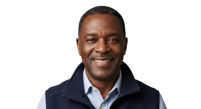 A smiling 55-60-year-old Black facilities manager in a professional collared shirt and utility vest, isolated on transparent background. Ideal for business, corporate diversity, construction, - Powered by Adobe
