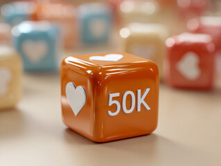Orange glossy cube with heart symbols and 50k text representing social media likes against colorful blurred cubes in the background on a smooth surface