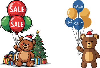 Cartoon bears with sale balloons, Christmas tree, festive gifts, Santa hats, holiday promotion, colorful illustration, seasonal shopping, cheerful design, celebration