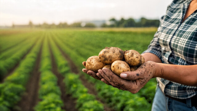 farmer holding potatoes in the field. Potato harvest.