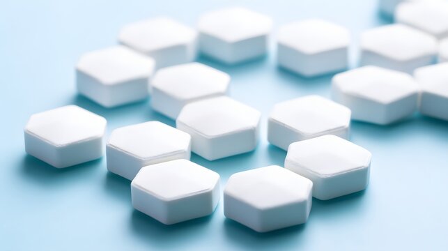 shallow. White tablets arranged in a geometric pattern on a light blue surface. STEM education sheets, lab safety posters, designed for biotech research communications, used by art directors.