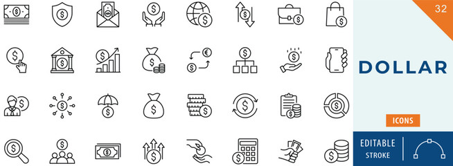 Dollar icon collection set. Editable stroke.
