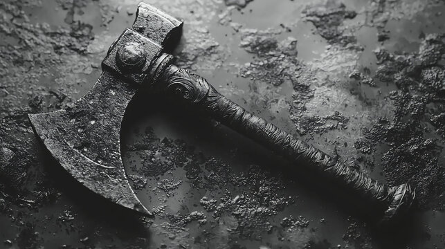 A weathered axe rests on a textured, dark surface, showcasing its rustic design and historical craftsmanship.