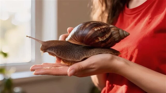 Caracol gigante africano  siendo sostenido suavemente por las manos de una mujer