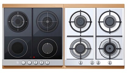 Top-down view of two contrasting cooktops, one black with circular burners and one white with gas burners, set in a wooden countertop