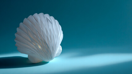 White paper lamp in the shape of an ocean shell on a light blue background, 3D rendering illustration with soft shadows and ambient lighting,