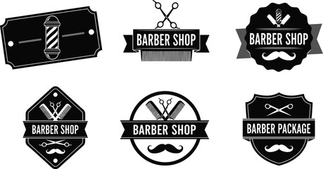 Barber shop logo set, vintage emblem design, scissors, comb, mustache, barber pole, retro style, black and white, branding