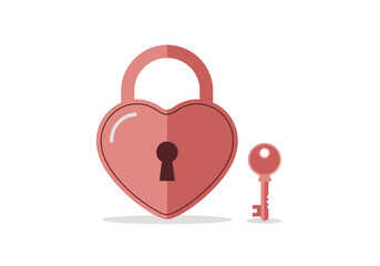 Dark Pink Heart Padlock and Simple Key Minimalist Vector Illustration for Concept of Key to Love