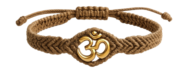 Macrame bracelet featuring a polished brass om symbol at the center.
