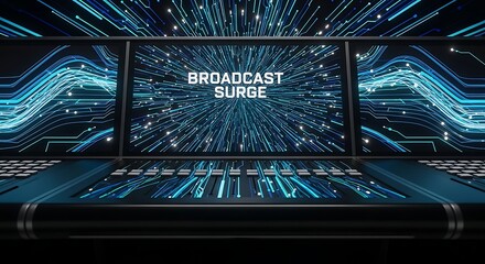 A futuristic digital interface with "BROADCAST SURGE" text, featuring blue light trails and data streams on multiple screens, representing advanced technology and communication.