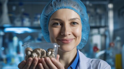 Smiling female scientist holding jar of cultivated mushrooms in laboratory