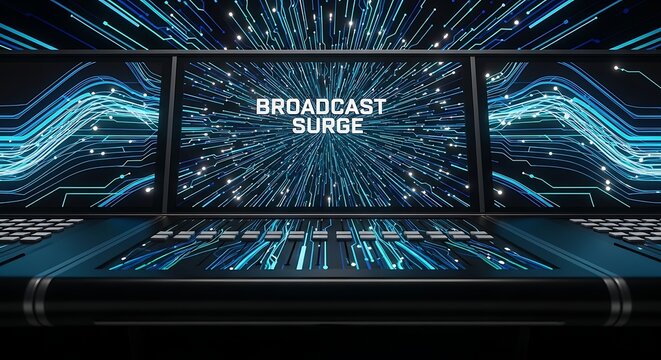 A futuristic digital interface with "BROADCAST SURGE" text, featuring blue light trails and data streams on multiple screens, representing advanced technology and communication.