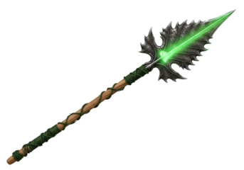 A stylized leaf-shaped spear, crafted from metal, with a wooden shaft wrapped in dark green vines, glows with vibrant emerald light.
