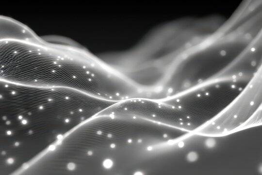 Abstract connected dots and lines form a dynamic wavy mesh surface in a modern dark gray and white digital landscape