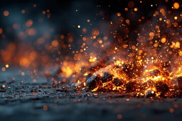 Close-up shot of glowing embers and golden sparks rising from a small fire at night on the ground, creating a warm and magical effect