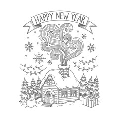 A charming hand-drawn winter illustration of a cozy snow-covered cottage, smoke, festive trees, a snowman, lights, and a 'Happy New Year' banner.