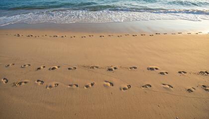 Footprints in smooth sand lead toward ocean under golden sunlight, creating peaceful and cinematic beach scene with gentle waves and clear sky in background