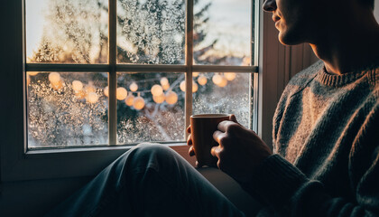 Person gazing out frosty window holding mug, wearing cozy sweater, blurred winter lights outside, peaceful and contemplative mood, warm indoor atmosphere