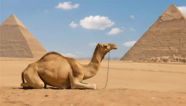 Un camello  tumbado majestuosamente en la arena del desierto  con las Pirámides 
