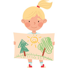 Blonde Little Girl Holding Up A Drawing Of A Sunny Day With A Tree And Greenery On Transparent Background