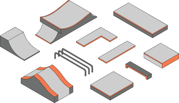 Isometric 3D illustration of modern skatepark ramps and rails, urban sports structure design, extreme skateboarding concept, outdoor recreation architecture elements