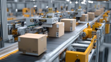 Automated logistics system moving cardboard parcels on conveyor belt