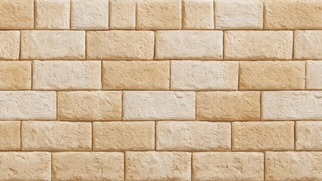 Textured tan brick wall patterned in neat rows. AI image