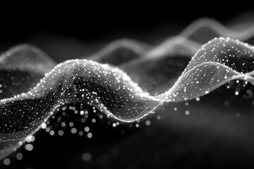 Abstract connected dots and lines form a dynamic wavy mesh surface in a modern dark gray and white digital landscape