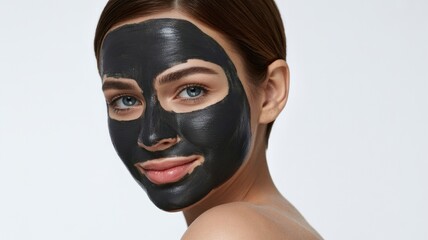 Woman with black charcoal face mask beauty treatment for skincare and acne isolated on white background
