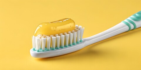 Bright yellow toothpaste glistens on white toothbrush bristles ready for clean teeth